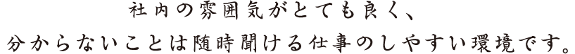 社内の雰囲気がとても良く、分からないことは随時聞ける仕事のしやすい環境です。